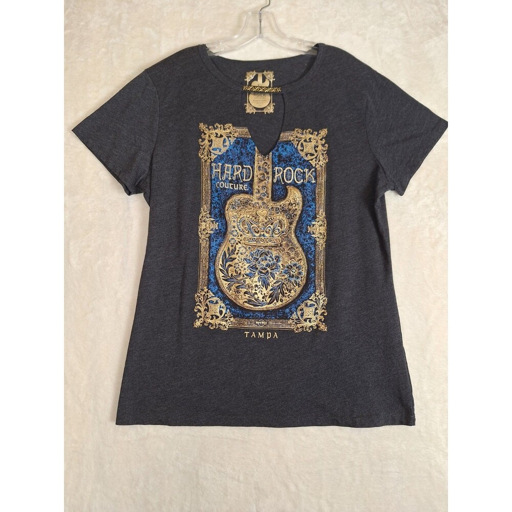 HARD ROCK Couture TAMPA WOMANS XL Tee SHIRT V Neck Gray Gold BLING Cutout